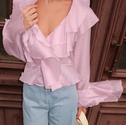Ruffled trumpet sleeve top