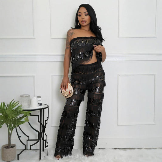 Sequined tassel two-piece set