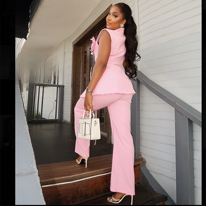 V-neck sleeveless 3D flower suit