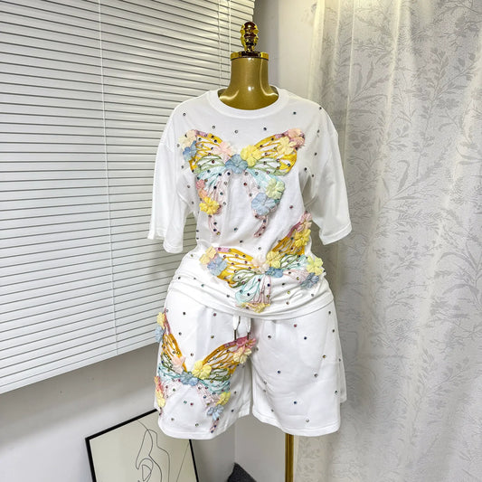 Butterfly diamond short-sleeved two-piece suit