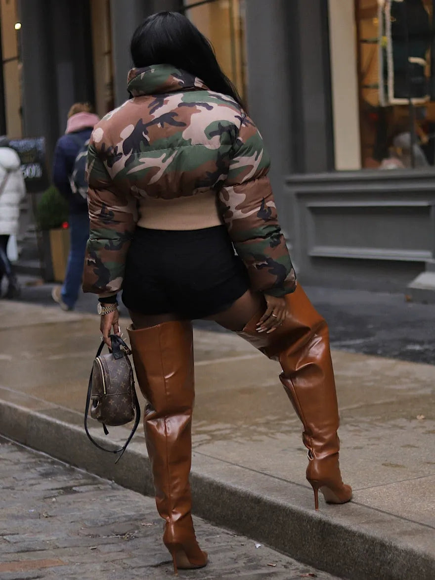 Retro camouflage print short warm jacket