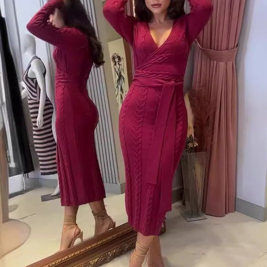 Knitted high-waisted tie-dress