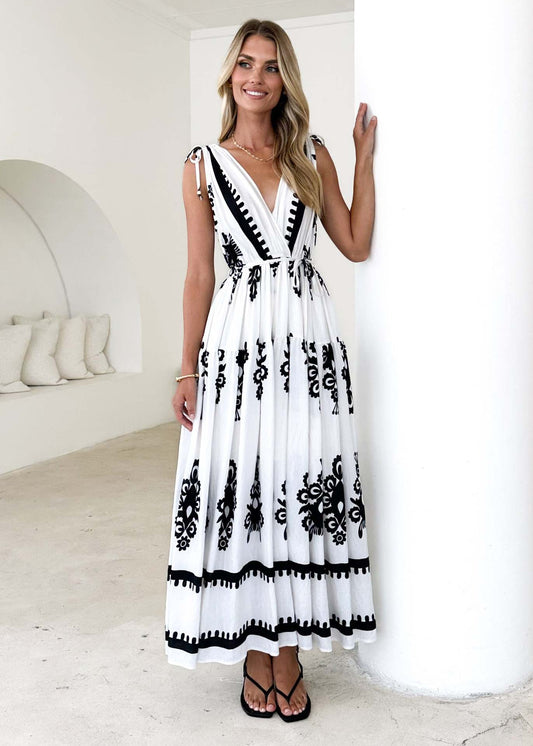 V-neck Retro Print Maxi Dress