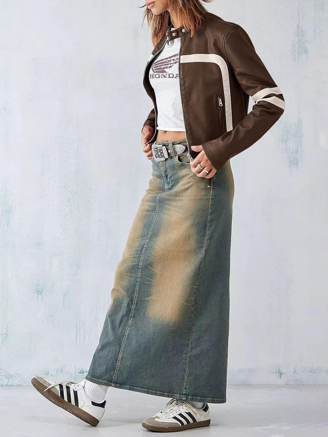 Contrast color stitching leather jacket