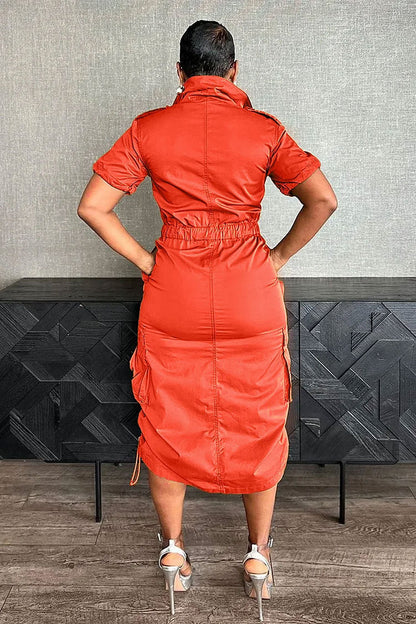 Stand Collar Zipper Drawstring Waist Pocket Midi Dresses