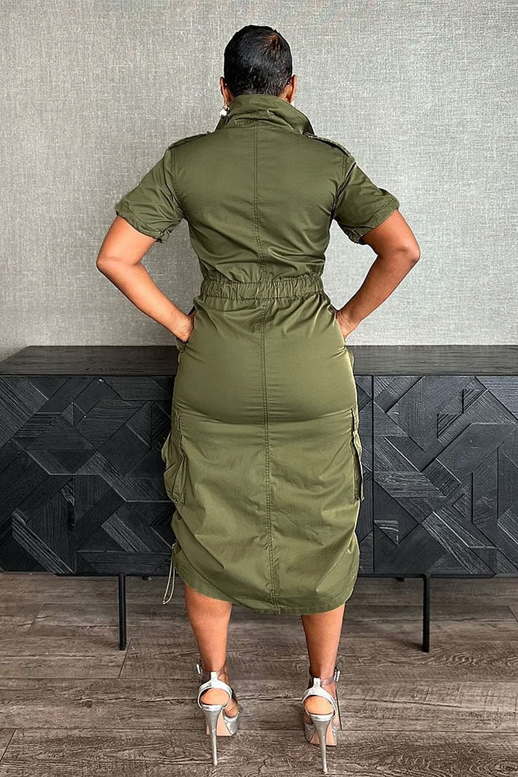 Stand Collar Zipper Drawstring Waist Pocket Midi Dresses