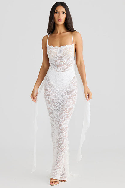 Backless Sash Floral Guipure Lace Party Cami Midi Dresses