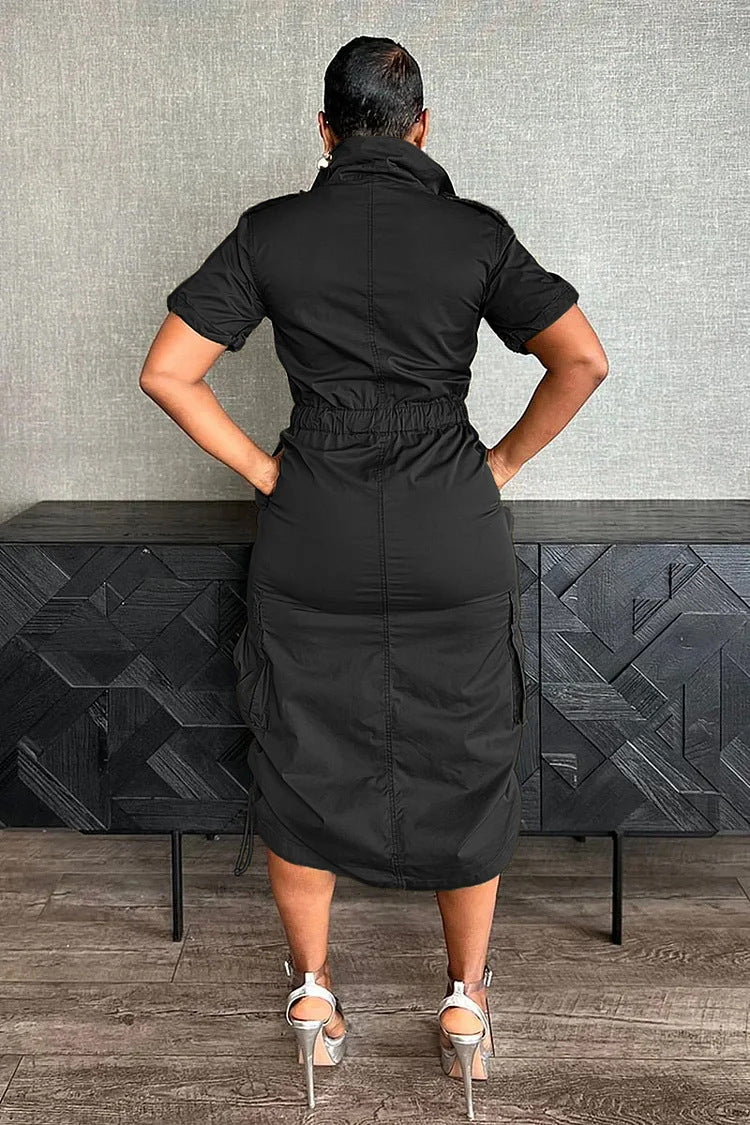 Stand Collar Zipper Drawstring Waist Pocket Midi Dresses