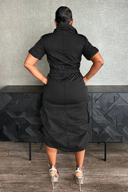 Stand Collar Zipper Drawstring Waist Pocket Midi Dresses