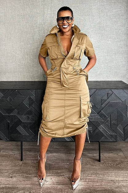 Stand Collar Zipper Drawstring Waist Pocket Midi Dresses