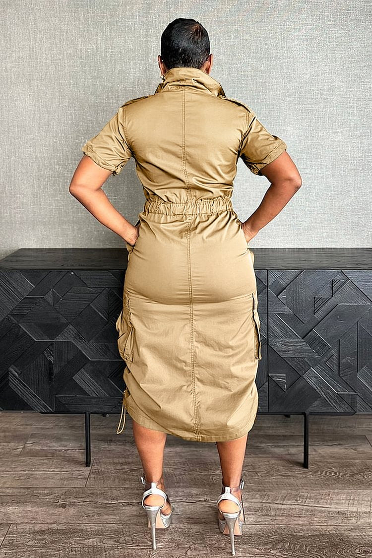 Stand Collar Zipper Drawstring Waist Pocket Midi Dresses