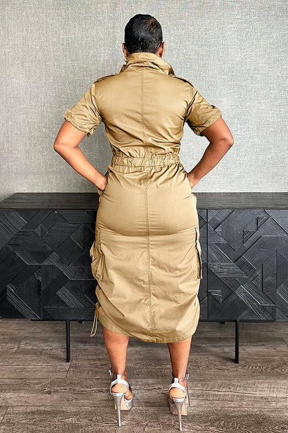 Stand Collar Zipper Drawstring Waist Pocket Midi Dresses