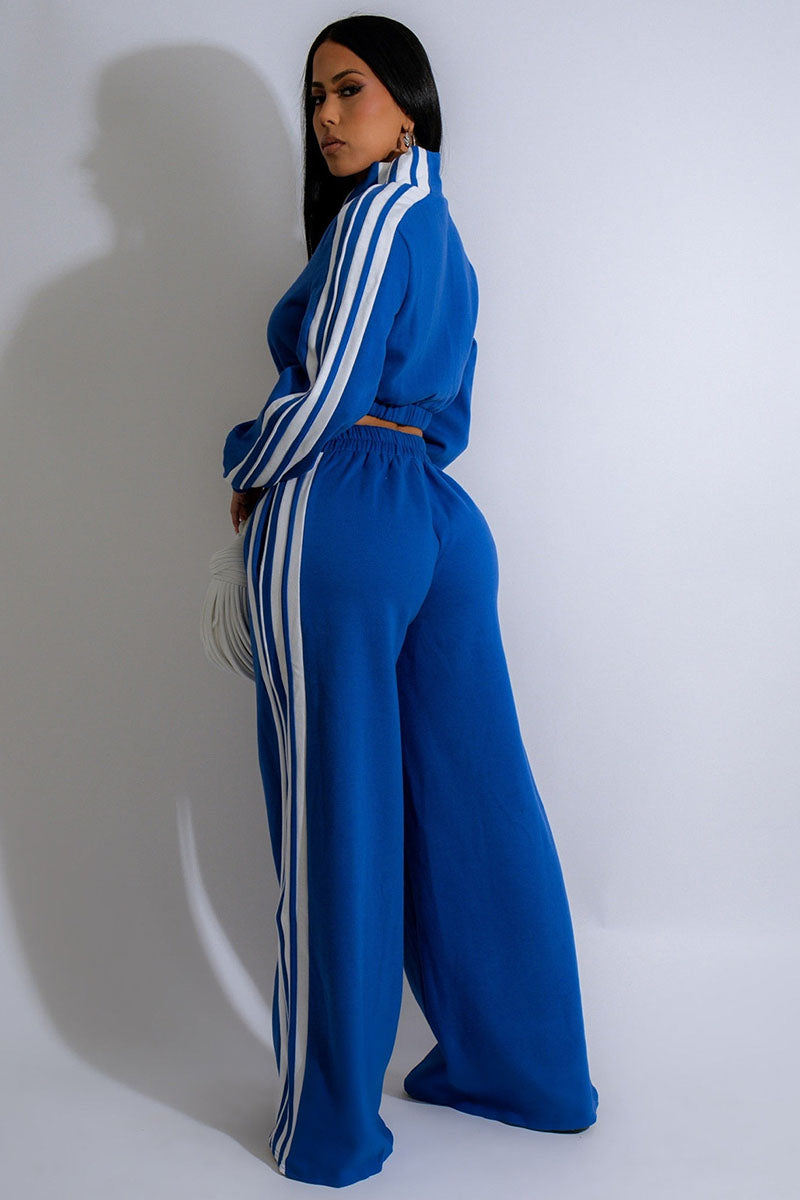 Colorblock Stripe Jacket Wide Leg Pants Casual 2pcs Set