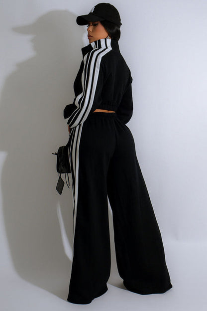 Colorblock Stripe Jacket Wide Leg Pants Casual 2pcs Set