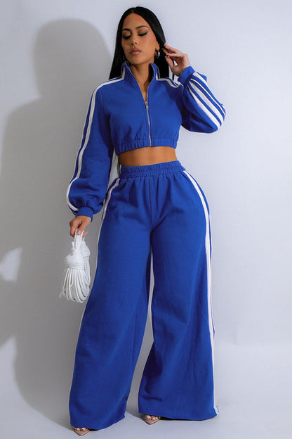 Colorblock Stripe Jacket Wide Leg Pants Casual 2pcs Set