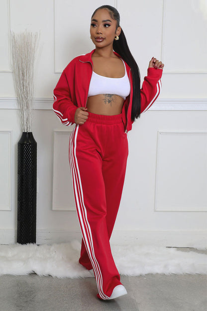 Colorblock Stripe Jacket Wide Leg Pants Casual 2pcs Set