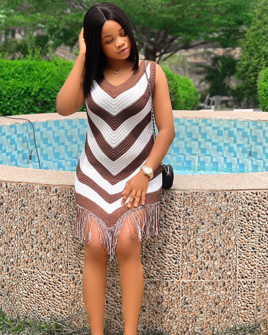 Retro Colorblock Diamond Tassel Dress