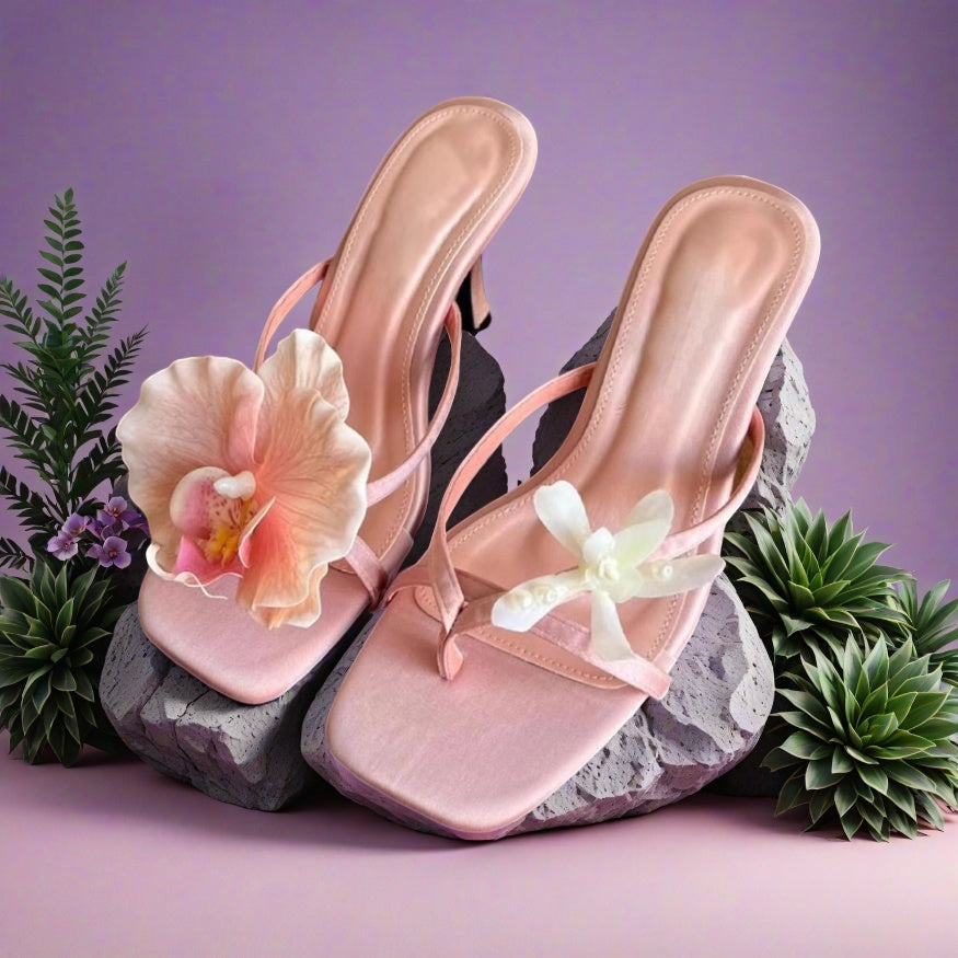 Floral-Detail Toe-Post Heeled Sandals