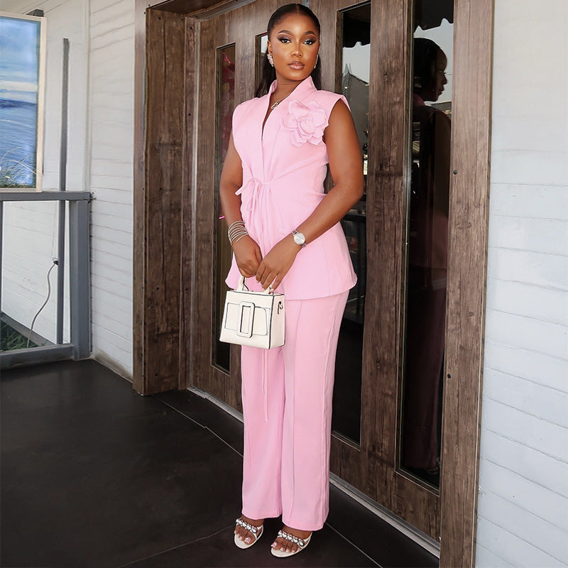 V-neck sleeveless 3D flower suit