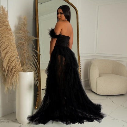 Solid color wrapped mesh party dress