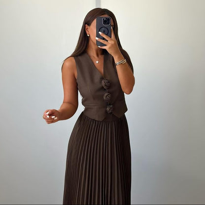 Flower pleated skirt suit