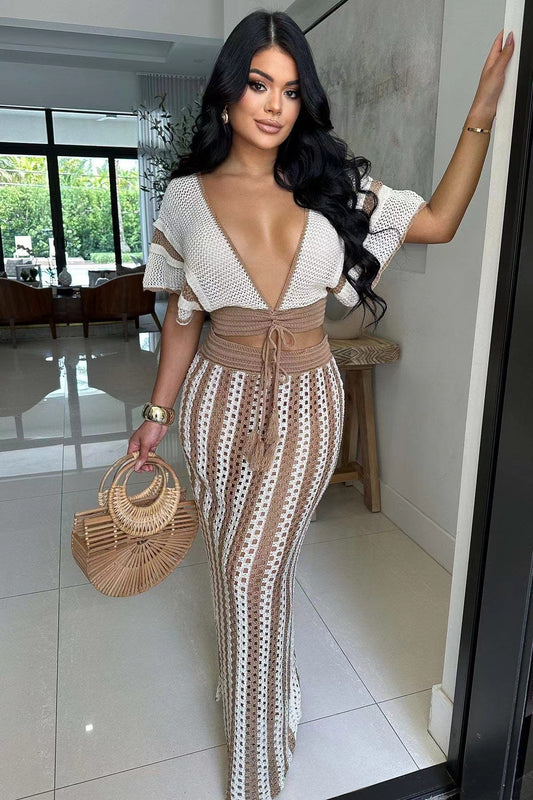 V-neck hollow striped knitted skirt set