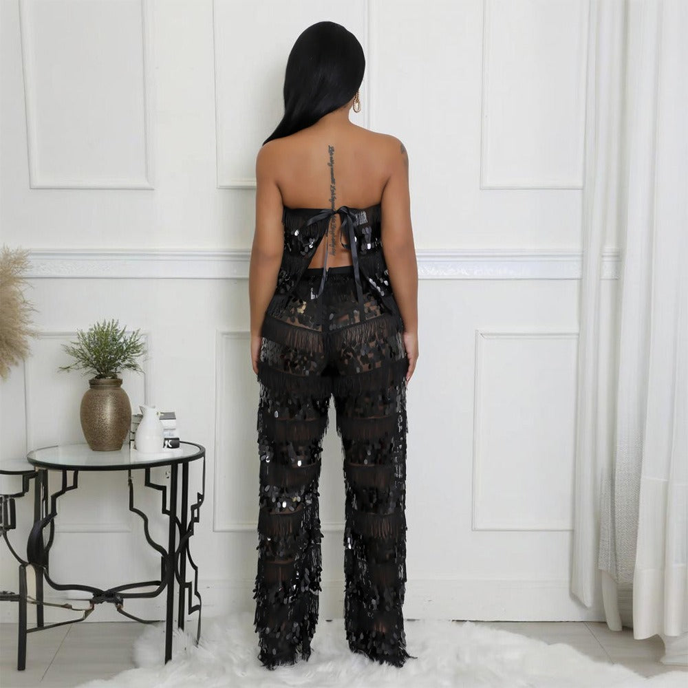 Sequined tassel two-piece set