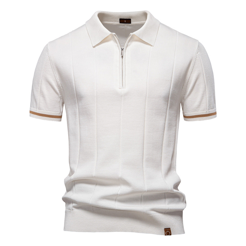 Men's Short-Sleeve Quarter-Zip Polo Shirt with Ribbed Detailing