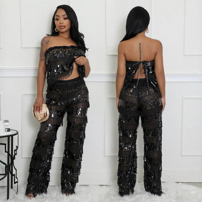 Sequined tassel two-piece set