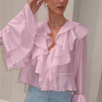 Ruffled trumpet sleeve top