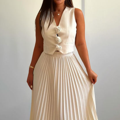 Flower pleated skirt suit