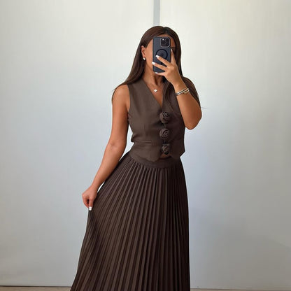 Flower pleated skirt suit