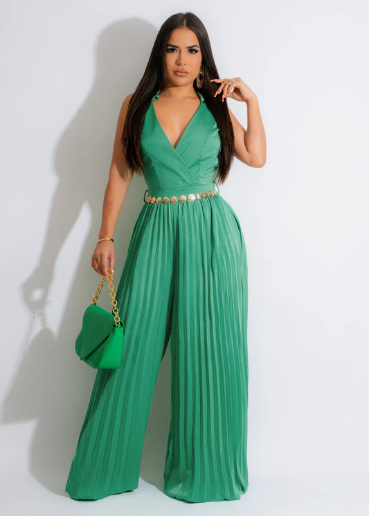 V-neck pleated jumpsuit