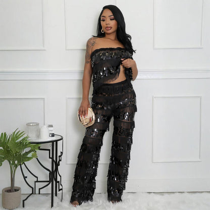 Sequined tassel two-piece set