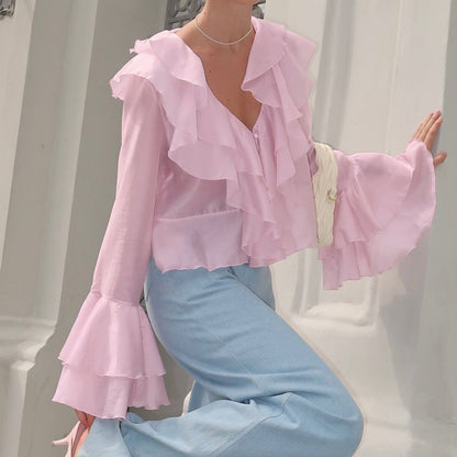 Ruffled trumpet sleeve top