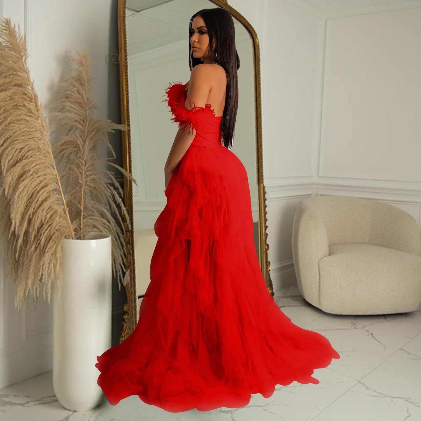 Solid color wrapped mesh party dress