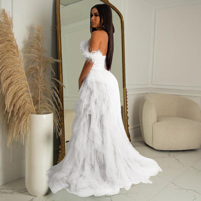 Solid color wrapped mesh party dress