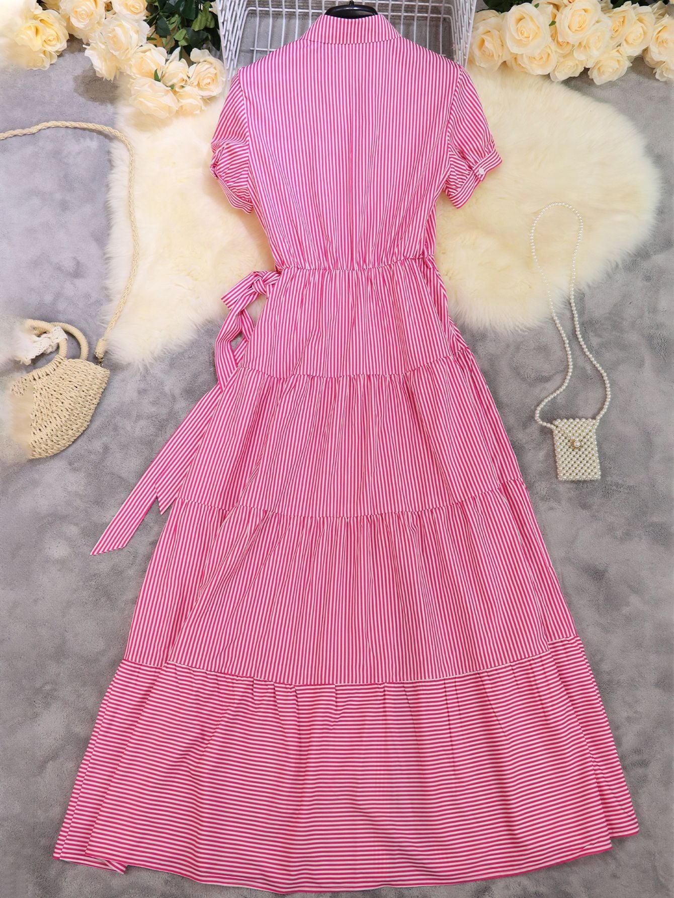 Striped short-sleeved long skirt