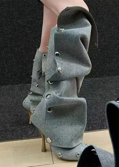 Spliced two-way stacked knee-high boots