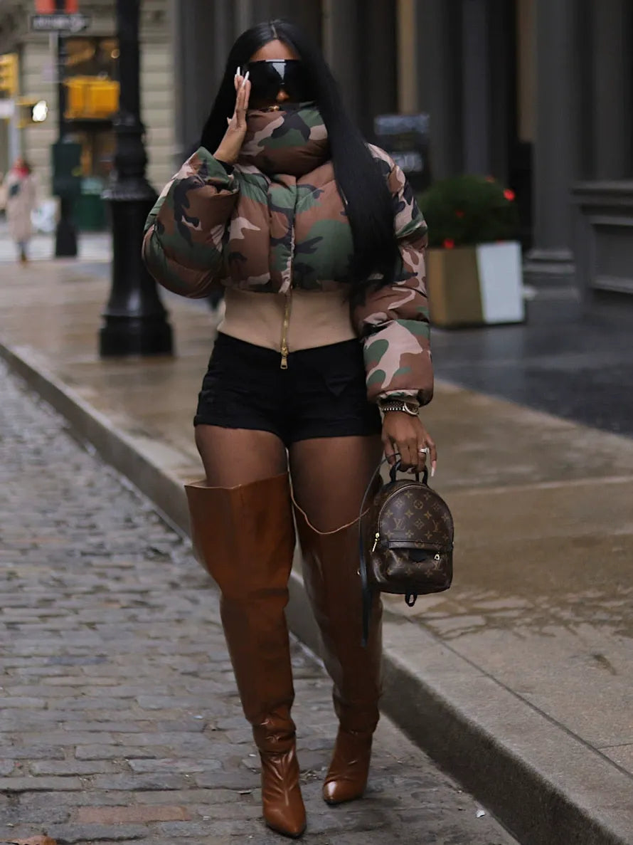 Retro camouflage print short warm jacket