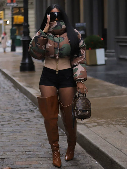 Retro camouflage print short warm jacket