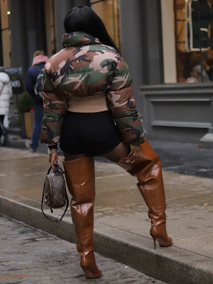 Retro camouflage print short warm jacket