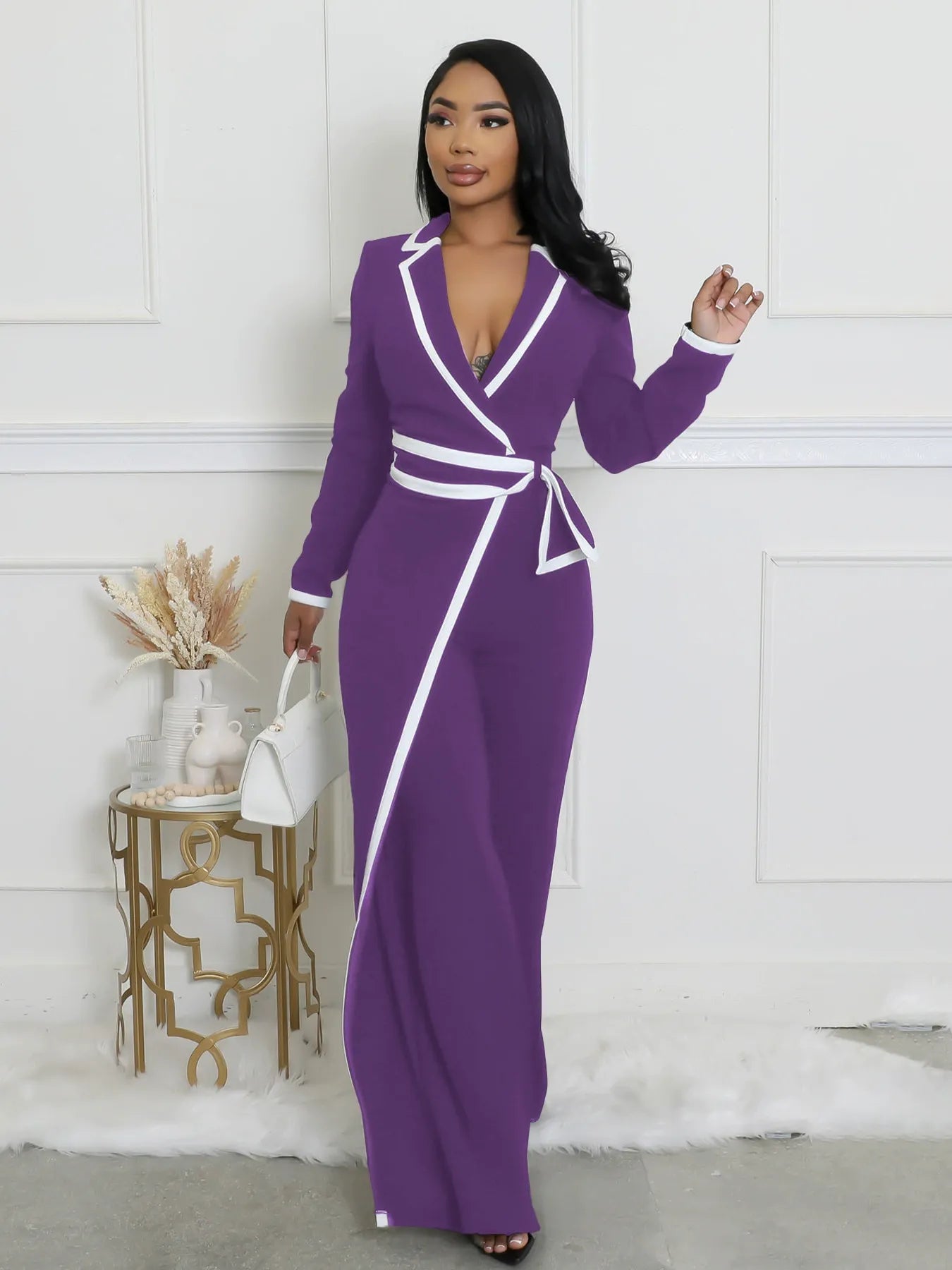 Belted long-sleeved jumpsuit