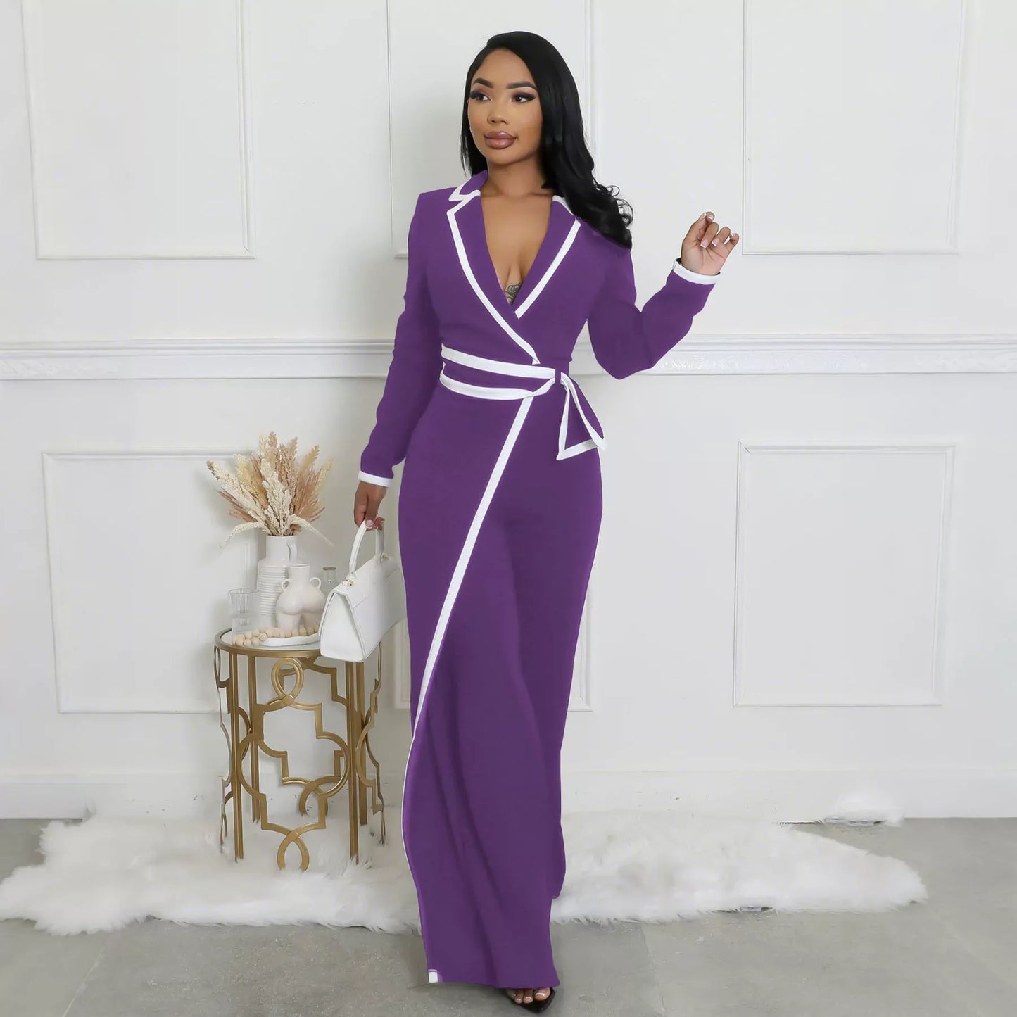 Belted long-sleeved jumpsuit