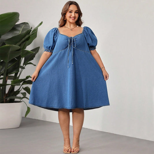 Oversized stretch denim short-sleeved dress