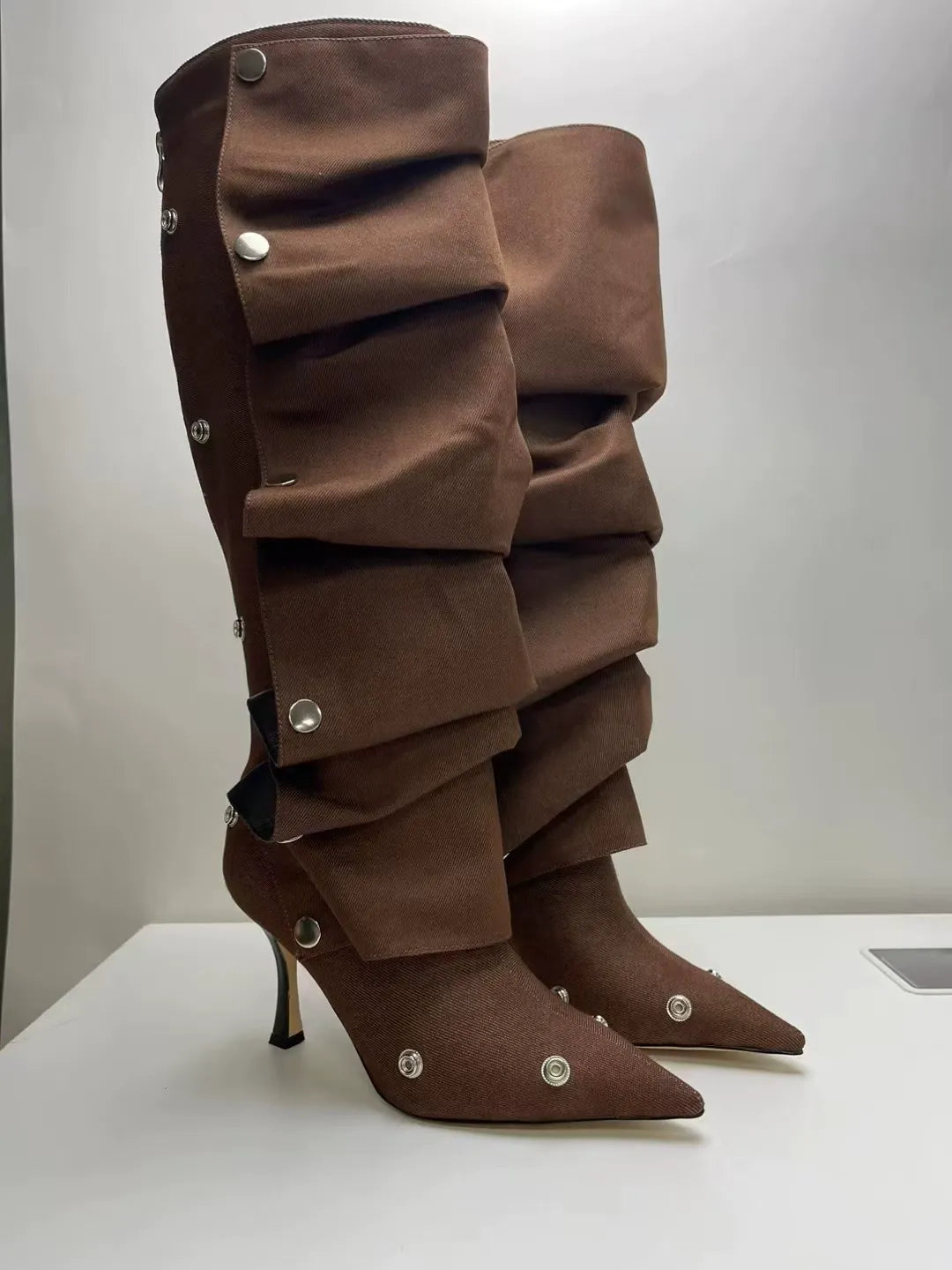 Spliced two-way stacked knee-high boots