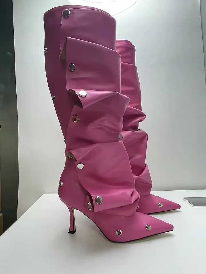 Spliced two-way stacked knee-high boots