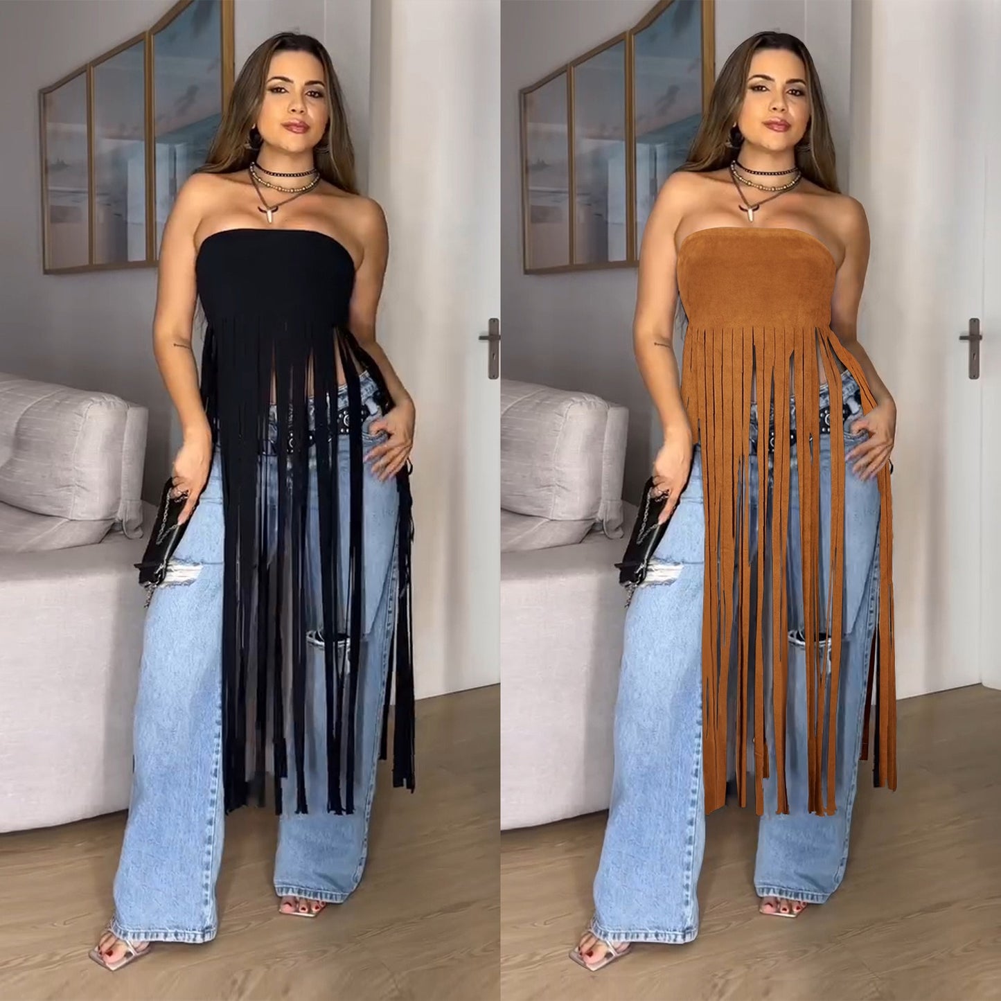 Solid color tassel tube top