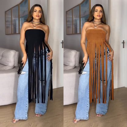 Solid color tassel tube top