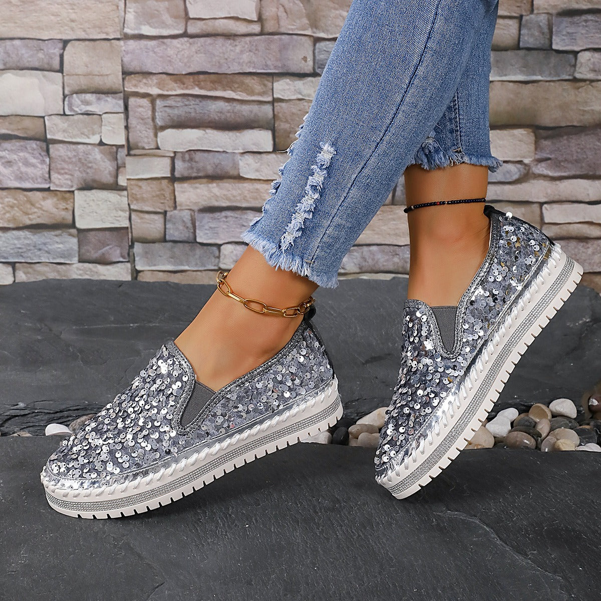New Sequins Thick-Soled Slip-On Shoes